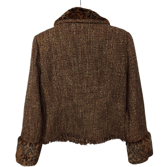 Methode Jacket Womens 12 Brown Blazer Fur Trim Animal Print Business Old Money - Picture 2 of 7